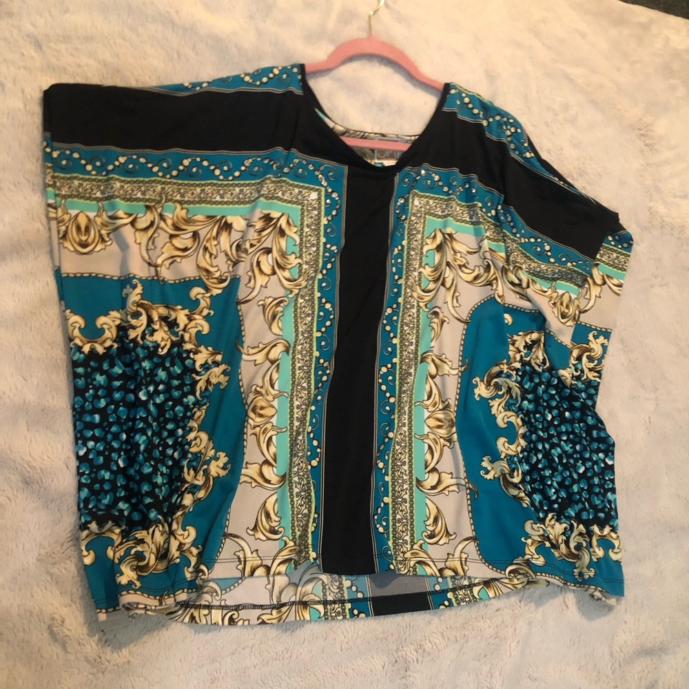 JM COLLECTION Womens M Blue Printed Embellished Short Sleeve Tunic Blouse Top
